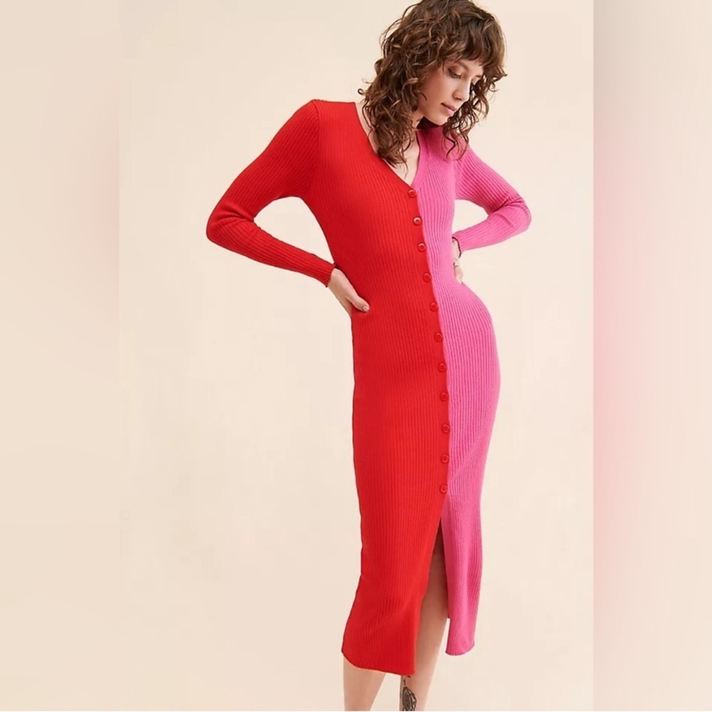 Juniper Blu Colorblock Ribbed Button Front Midi Dress